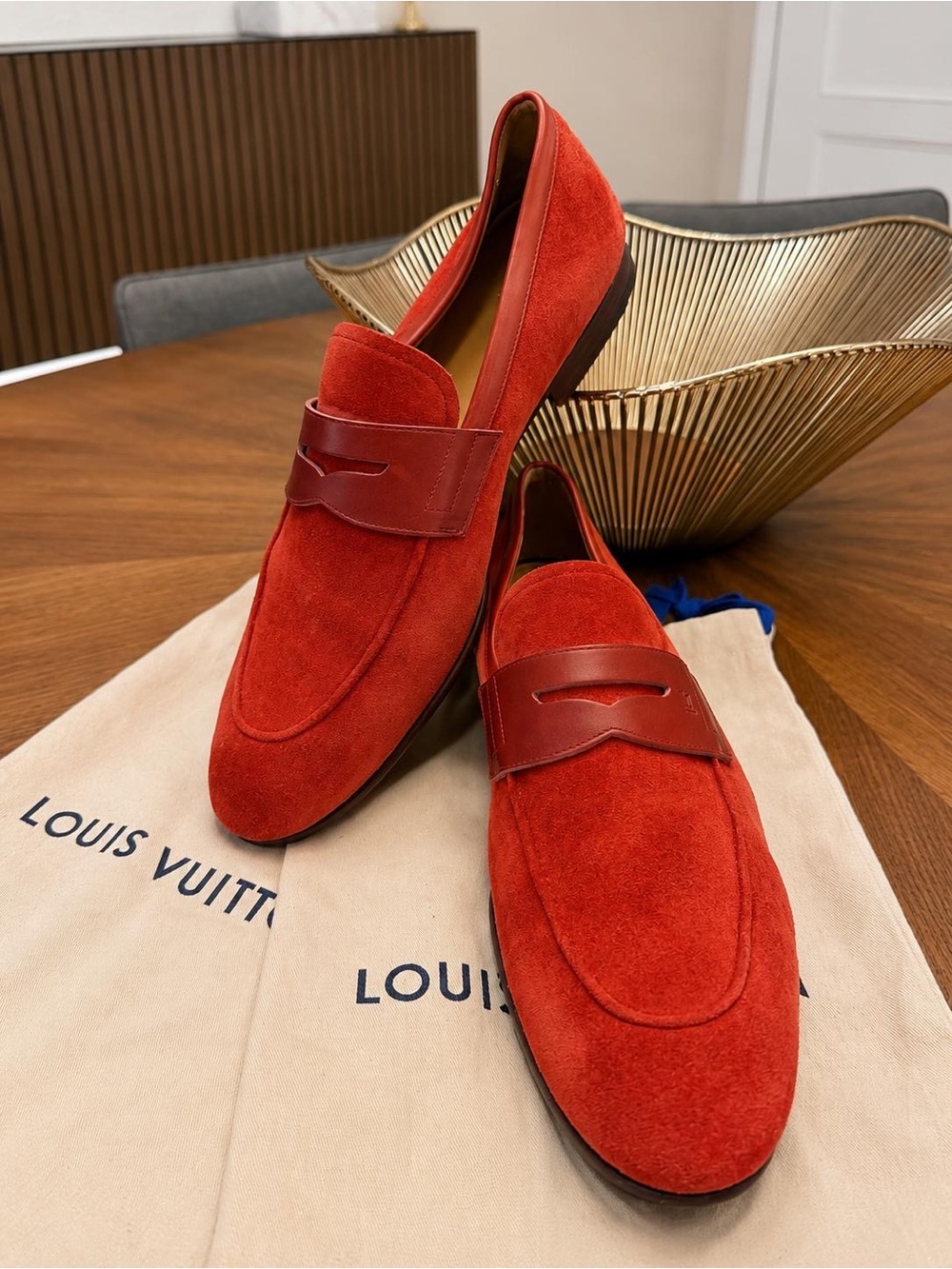 Louis Vuitton Men’s Red Suede Penny Loafers with Leather Strap